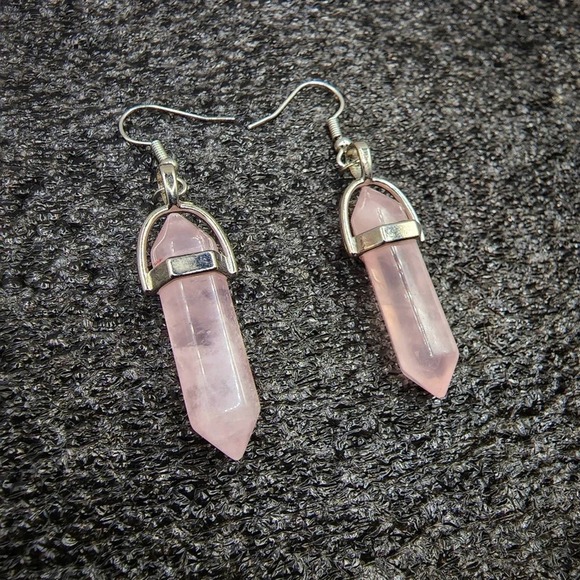 Rose Quartz Metal Earrings Bohemian Style Boho Chakra Pink Crystal Stone Dangle - Picture 3 of 3